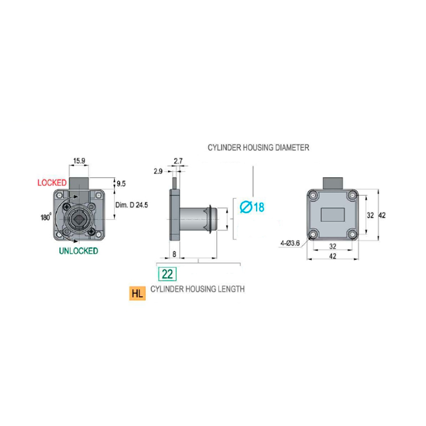 Cerradura cuadrada para 1 cajón, acabado níquel