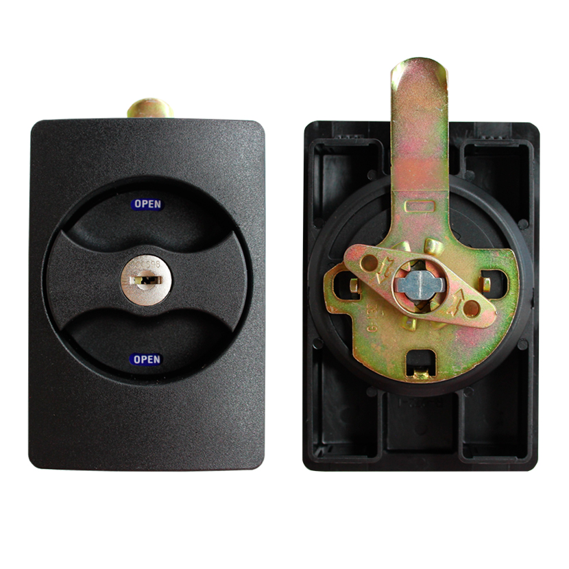 Cerradura para mueble metálico con indicador, pestillo RECTO, acabado negro