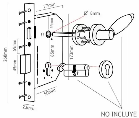 Cerradura para embutir para puerta de recámara, acero inoxidable, satinado