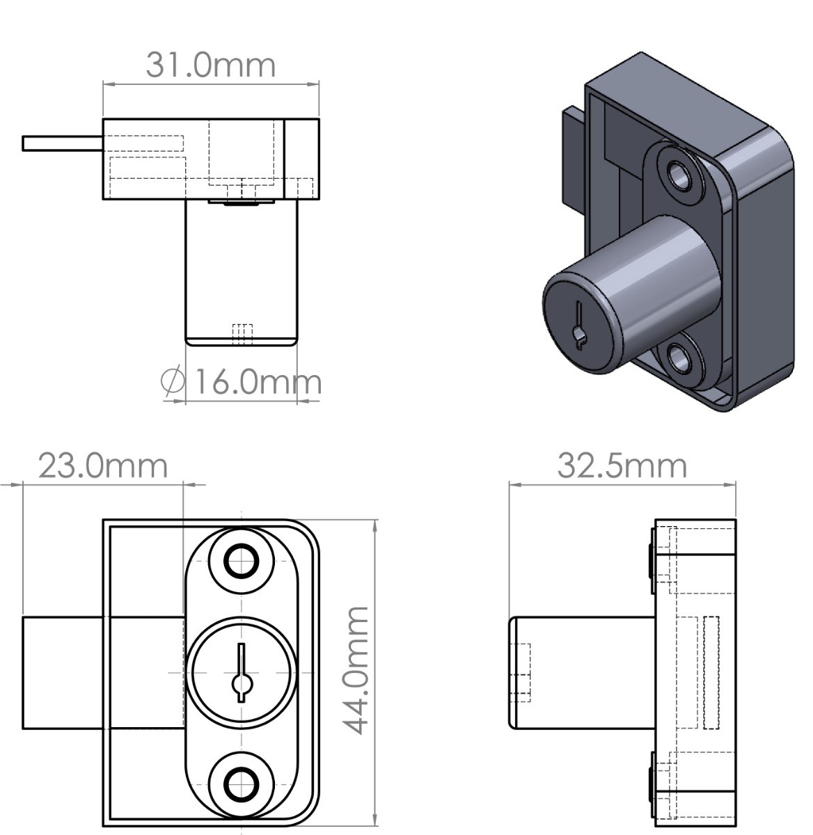Cilindro CB-291 montaje vertical caja cuadrada, profundidad del pestillo 7.1mm, long. 31.7+9.5mm.