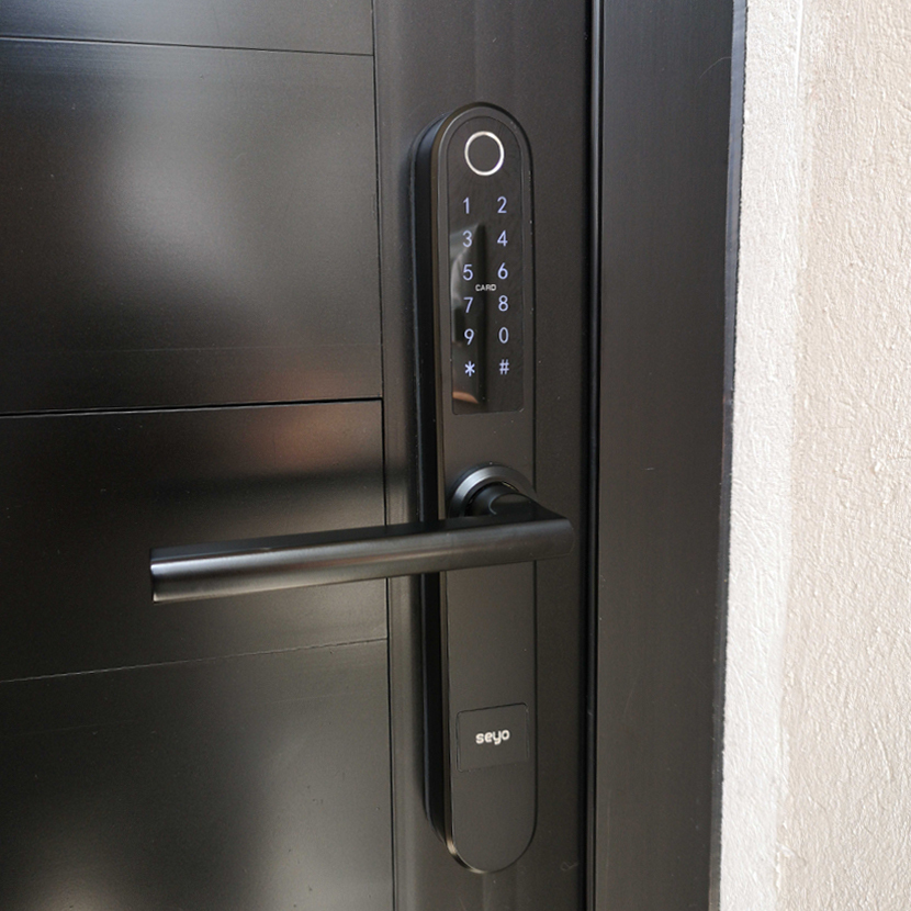 Cerradura inteligente TYR con manija y mecanismo para puerta exterior, color negro