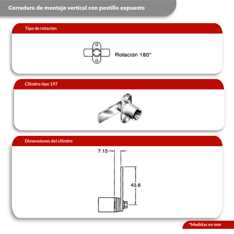 Cilindro CB-197 montaje vertical, profundidad del pestillo 7.15mm, longitud 43.6mm, giro 180º.