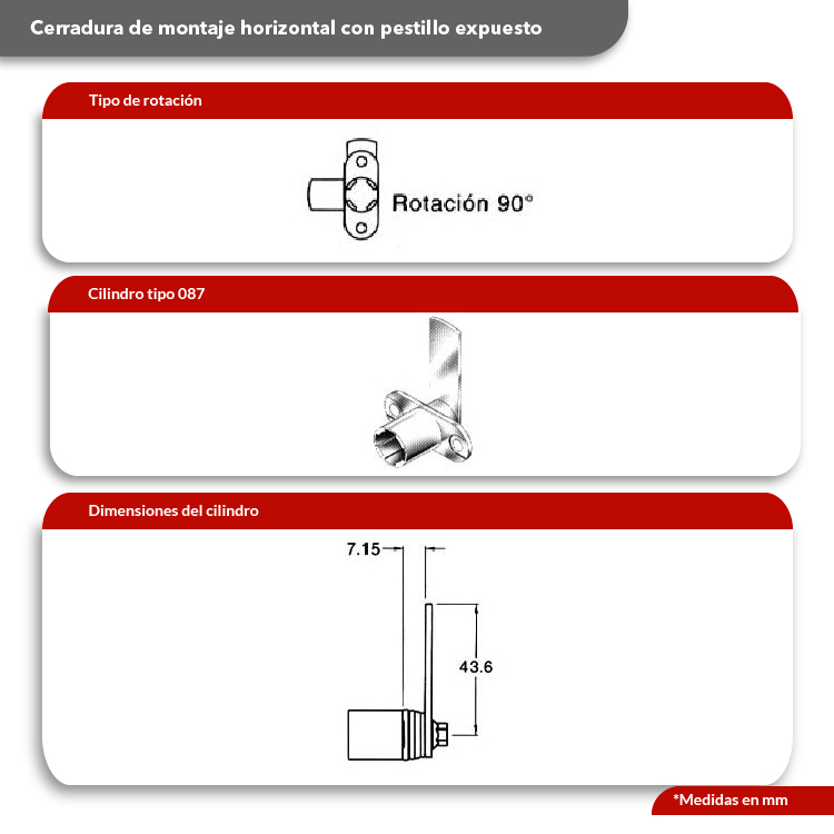 Cilindro CB-087 montaje horizontal, profundidad del pestillo 7.5mm, longitud 43.6mm, giro 90º.