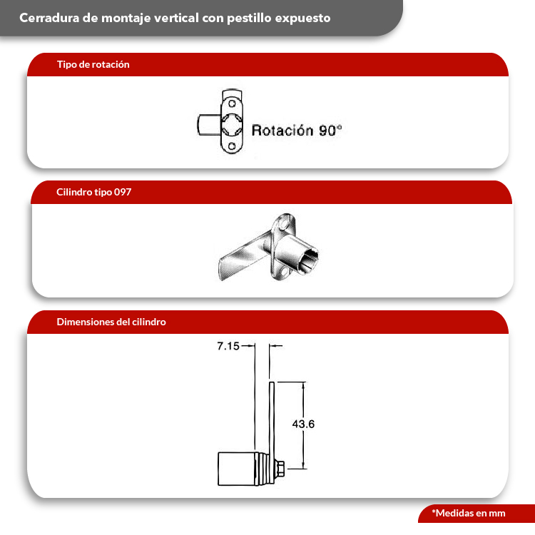 Cilindro CB-097 montaje vertical, profundidad del pestillo 7.15mm, longitud 43.6mm, giro 90º.