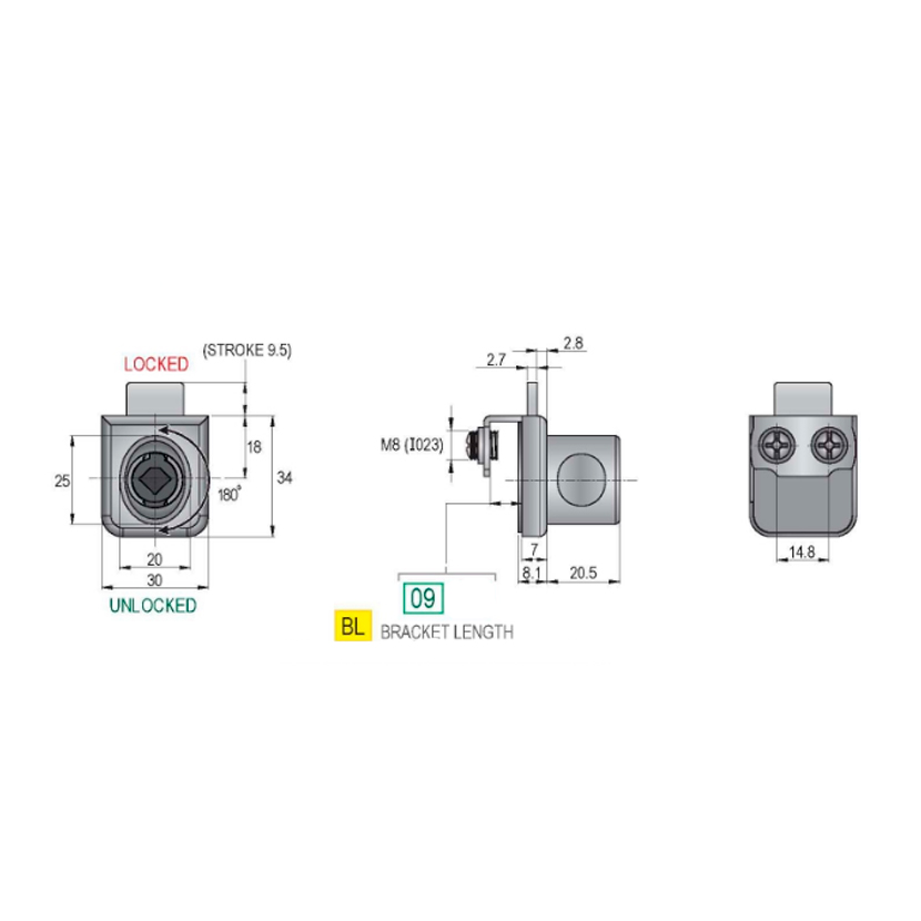 Cerradura para 1 puerta de cristal, sin perforar, acabado aluminio