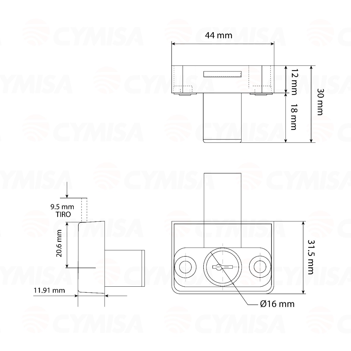 Cilindro CB-280 montaje horizontal caja cuadrada, profundidad del pestillo 7.1mm, long. 20.6+9.5mm.