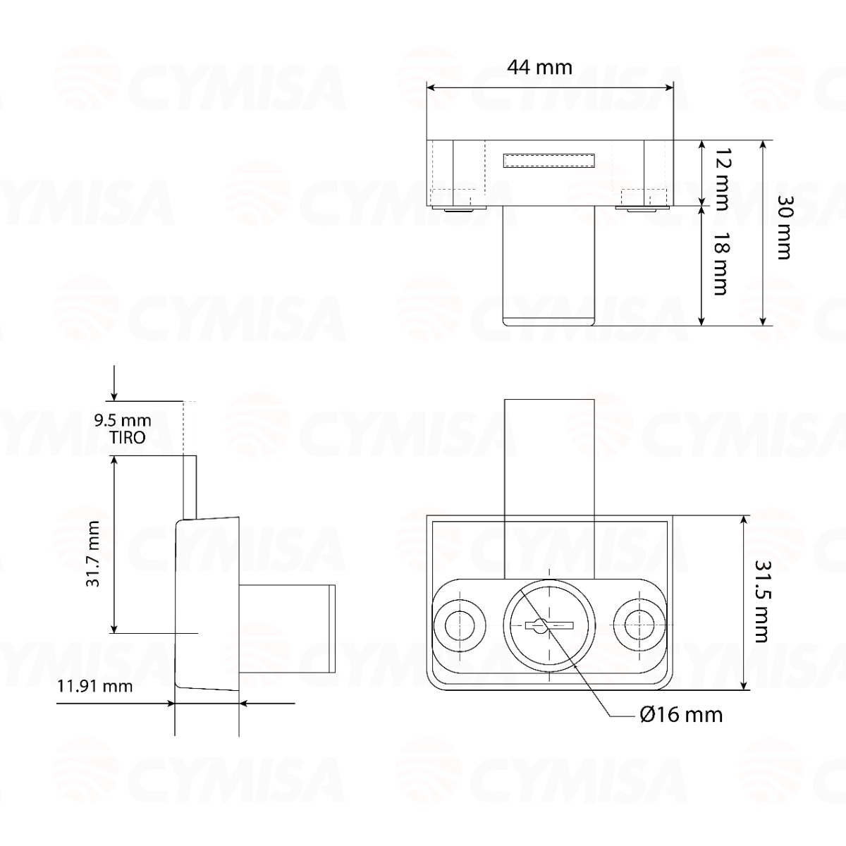 Cilindro CB-281 montaje horizontal caja cuadrada, profundidad del pestillo 7.1mm, long. 31.7+9.5mm.