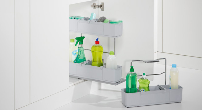 Extraíble CLEANINGAGENT para gabinete inferior, para organización de productos de limpieza, acabado gris
