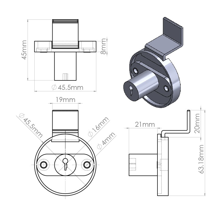 Cilindro CB-235 montaje horizontal caja redonda, profundidad del pestillo 22.3mm, longitud 38.1mm.