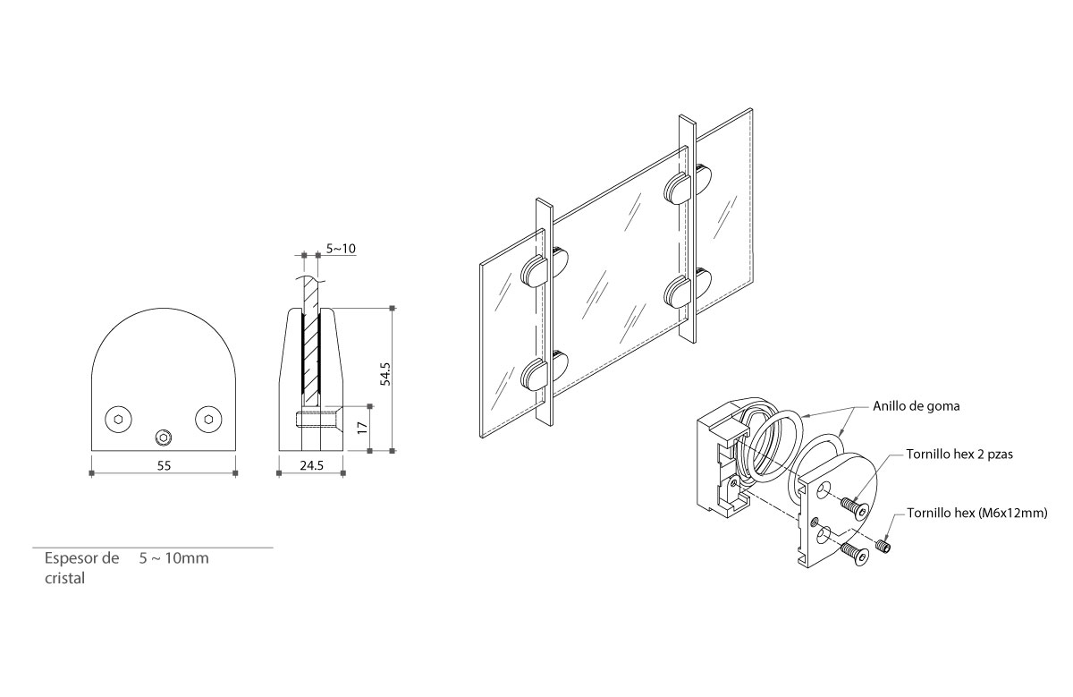 Conector para panel de cristal, para vidrios de 5 a 10 mm de espesor