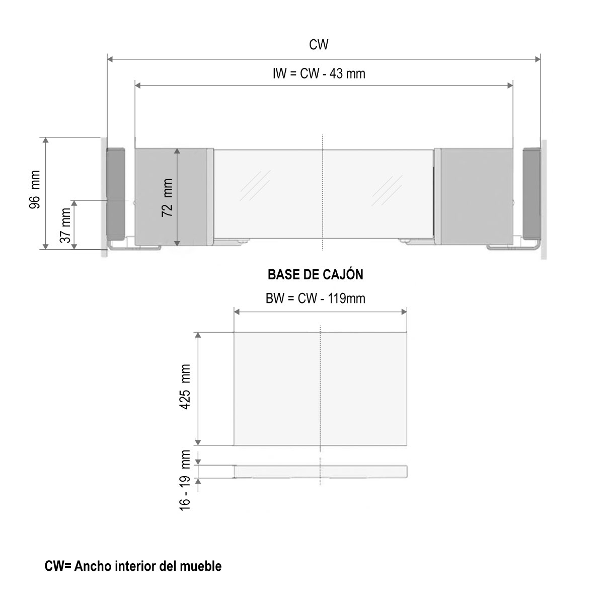 Cajón extraíble interior para clóset CONERO 168 H, color negro