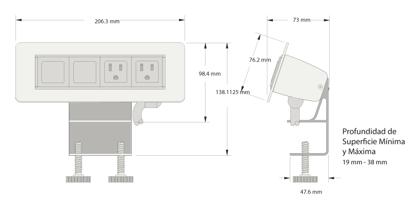 Multicontacto AXIL X para montaje sobre superficie, con 2 conexiones eléctricas y 2 puertos opcionales, acabado negro. Hasta agotar existencias.