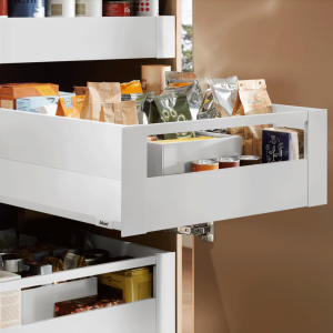 Cajón interior MERIVOBOX BOXCAP y galería frontal, altura E (192 mm), color blanco seda mate