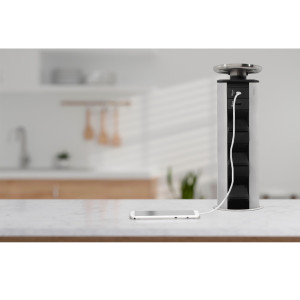 Multicontacto de torre extraíble EVOLINE PORT sobre cubierta, 3 sockets y 1 USB dúplex de carga  A+ C, acabado inox mate