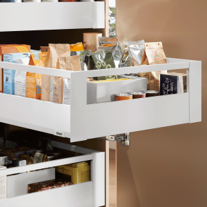 Cajón interior MERIVOBOX con galería y galería frontal, altura E (192 mm), color blanco seda mate