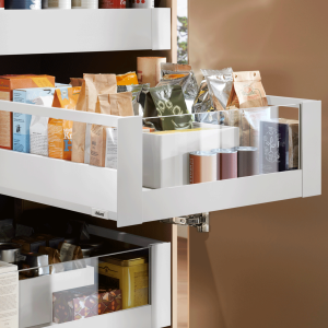 Cajón interior MERIVOBOX con Galería y cristal frontal alto, altura E (192 mm), color blanco seda mate