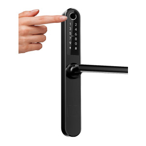 Cerradura inteligente TYR con manija y mecanismo para puerta exterior, color negro