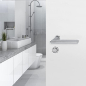 Set de manijas STOCKHOLM y cerradura POLARIS para puerta de baño, acabado niquelado