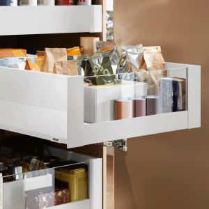 Cajón interior MERIVOBOX BOXCAP y cristal frontal alto altura E (192 mm), color blanco seda mate