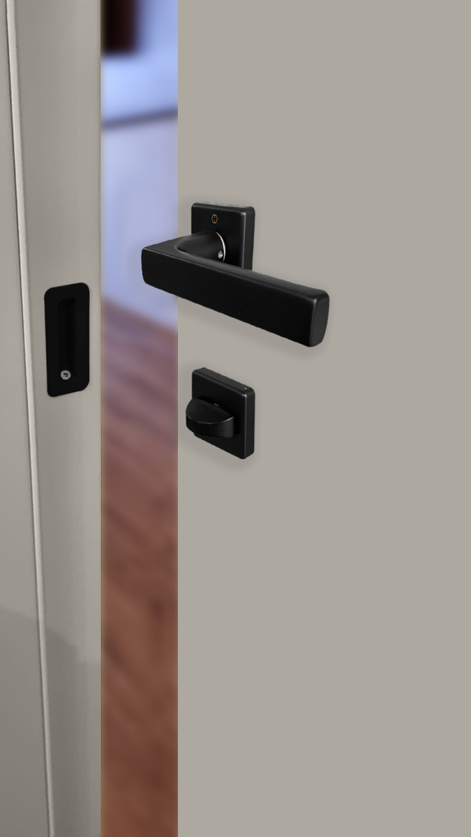 Set de manija DALLAS y cerradura POLARIS para puerta de baño, acabado negro mate