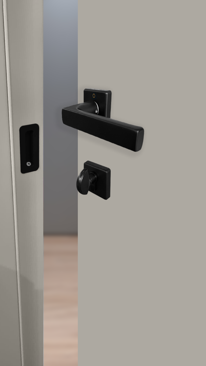 Set de manija DALLAS y cerradura POLARIS para puerta de recámara, acabado negro mate