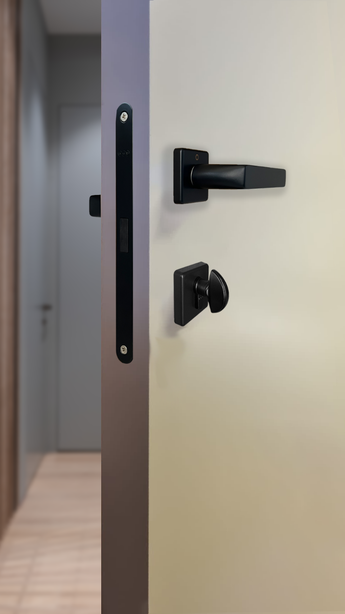 Set de manija DALLAS y cerradura POLARIS para puerta de recámara, acabado negro mate