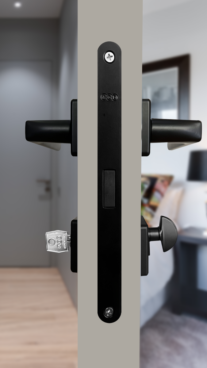 Set de manija DALLAS y cerradura POLARIS para puerta de recámara, acabado negro mate