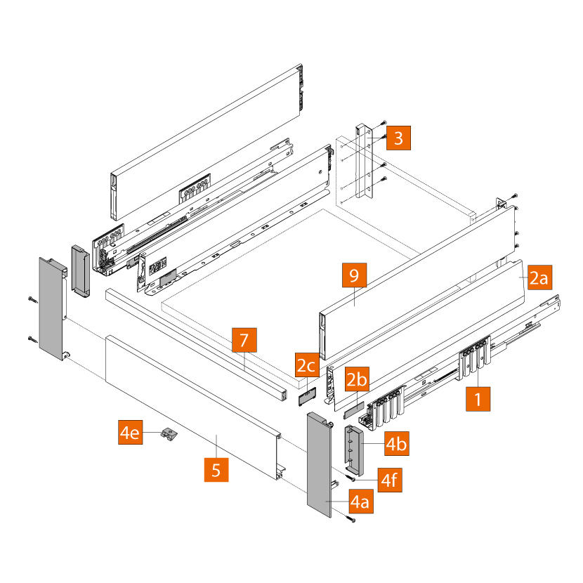 Cajón interior MERIVOBOX BOXCAP y galería frontal, altura E (192 mm), color gris indium mate