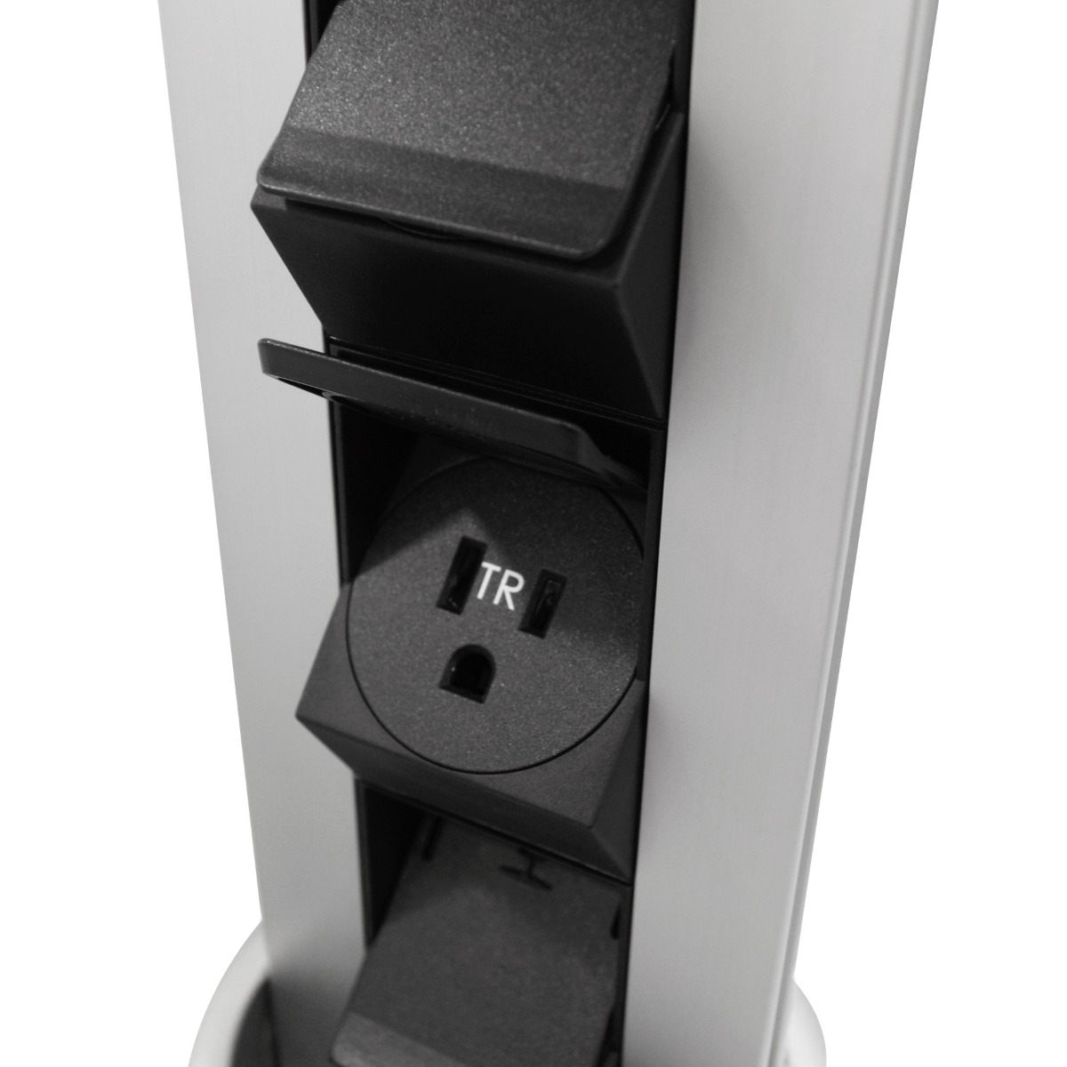 Multicontacto de torre extraíble EVOLINE PORT sobre cubierta, 3 sockets y 1 USB dúplex de carga  A+ C, acabado inox mate