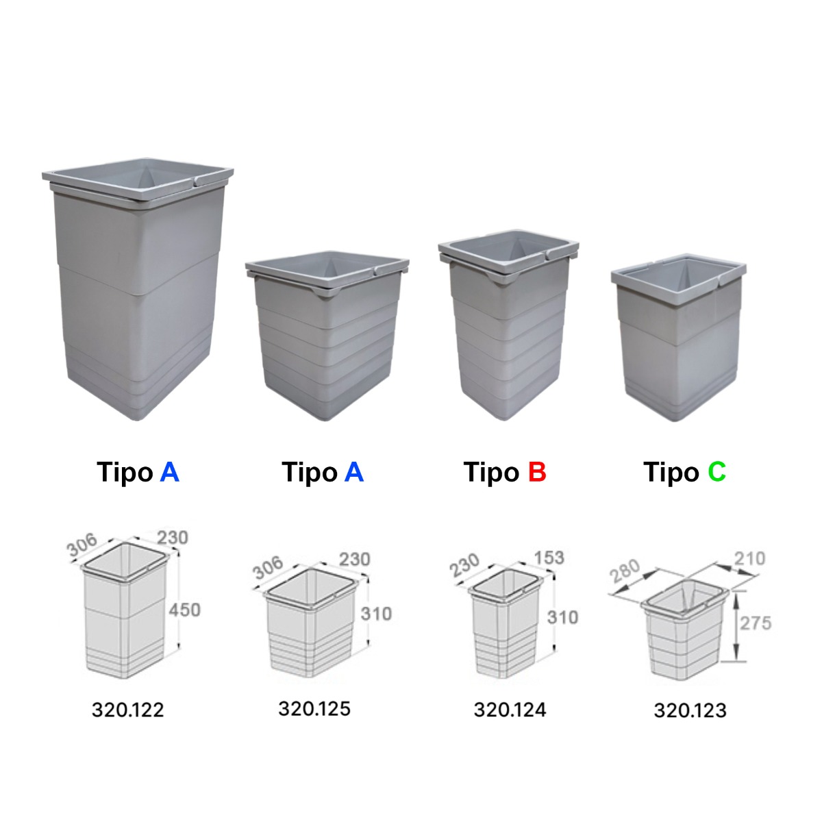 Bote one2four capacidad 8 litros, altura 310 mm, tipo B, color gris, Versión Nueva