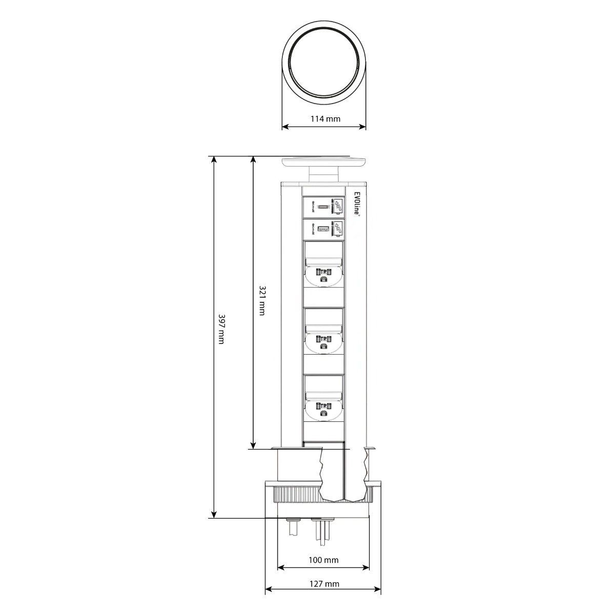 Multicontacto de torre extraíble EVOLINE PORT sobre cubierta, 3 sockets y 1 USB dúplex de carga  A+ C, acabado inox mate
