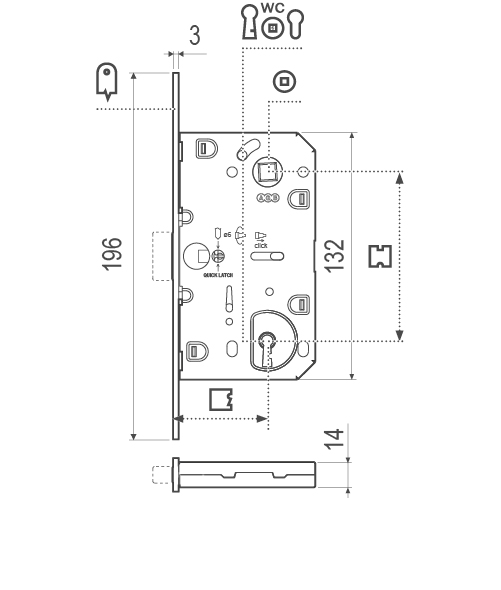 Cerraduras Magnéticas para embutir, modelo POLARIS 2XT función de recámara / baño