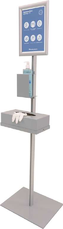 Soporte INFO, dispensador de gel antibacterial y guantes, 300 X 1500 mm, aluminio