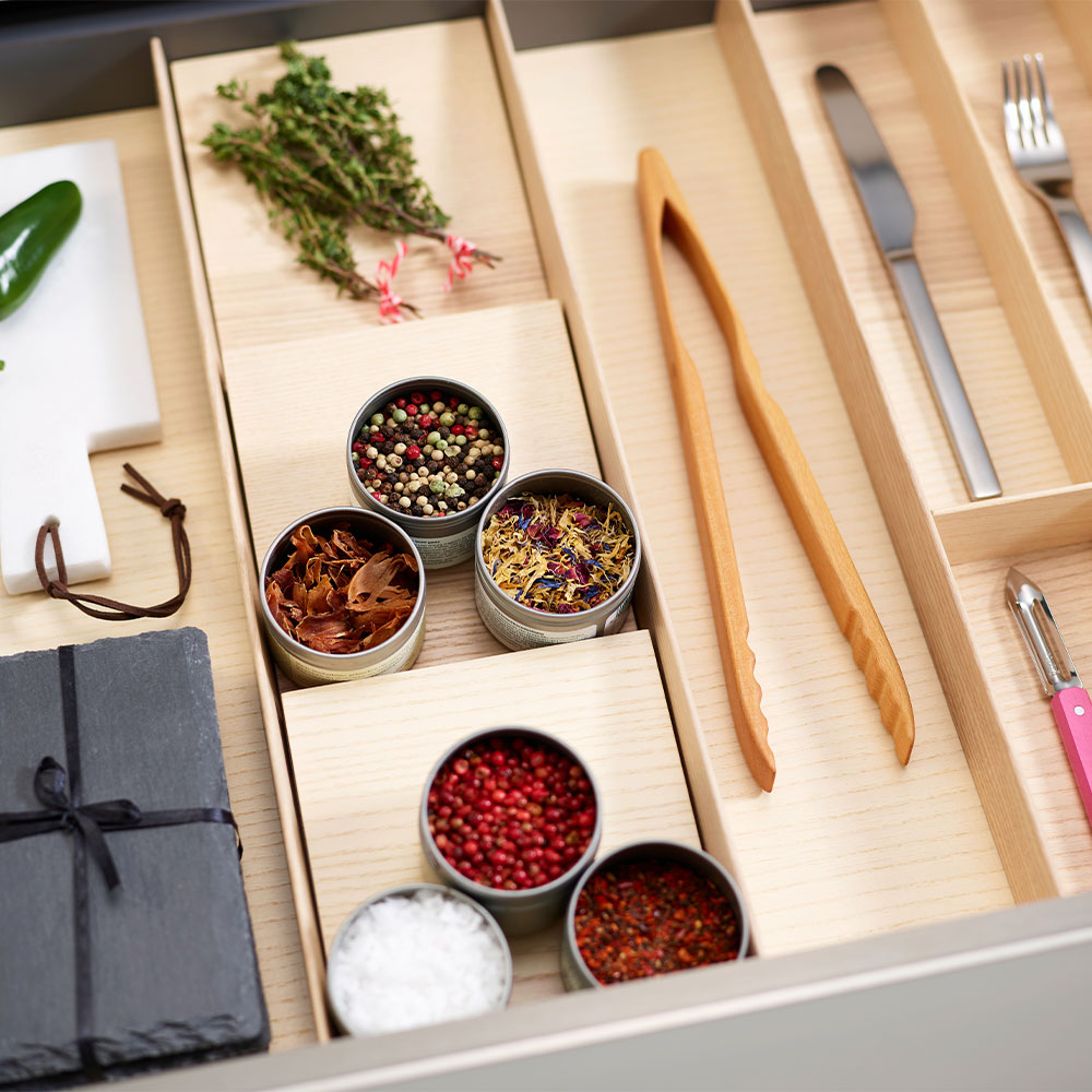 Especiero organizador cubertero para cajones de cocina encino blanco