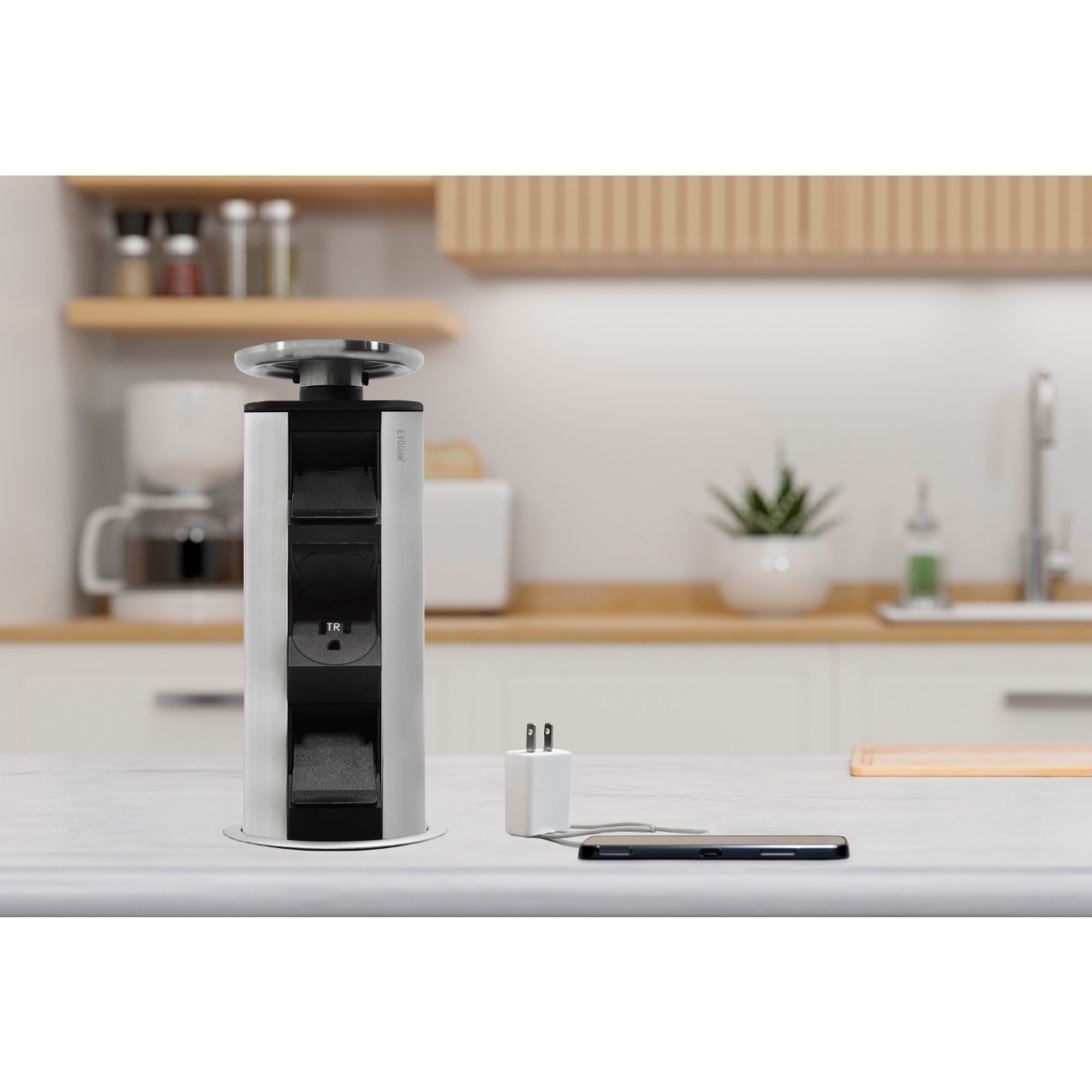 Multicontacto extraíble de torre EVOLINE PORT sobre cubierta, 3 sockets, acabado inox mate