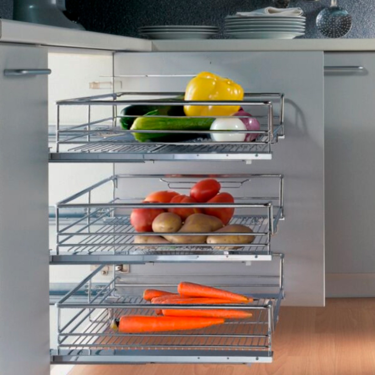 Canastillas para gabinete de cocina en acabado cromado 