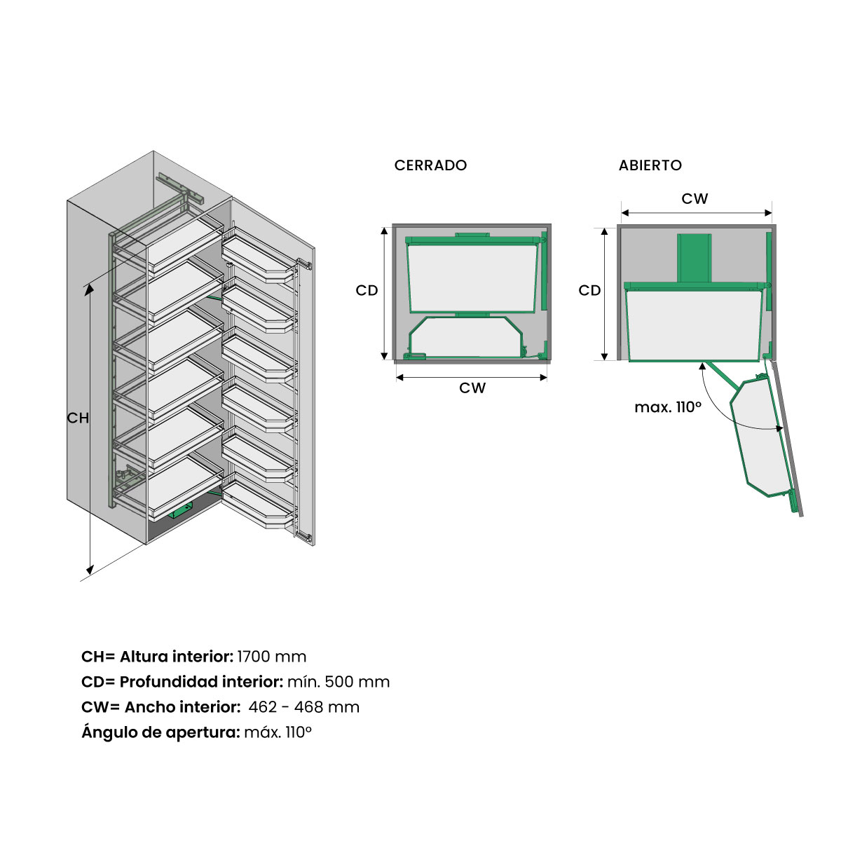 Set TANDEM STYLE de 500 mm, 6 niveles, 1700 mm de altura, con cierre suave, blanco brillante