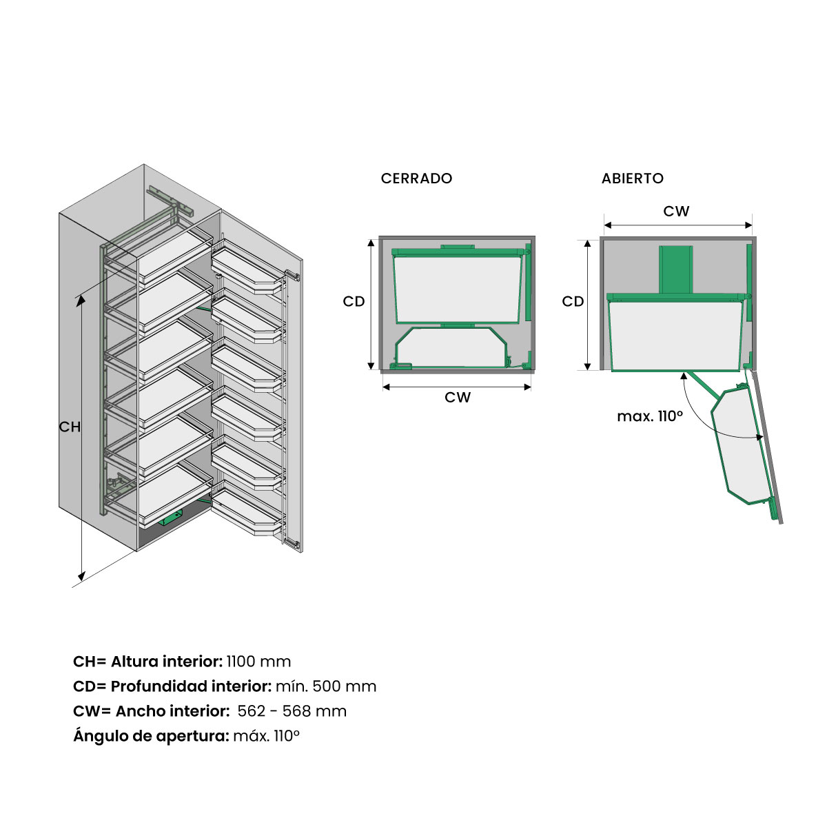 Set TANDEM STYLE de 600 mm, 4 niveles, 1100 mm de altura, con cierre suave, blanco brillante