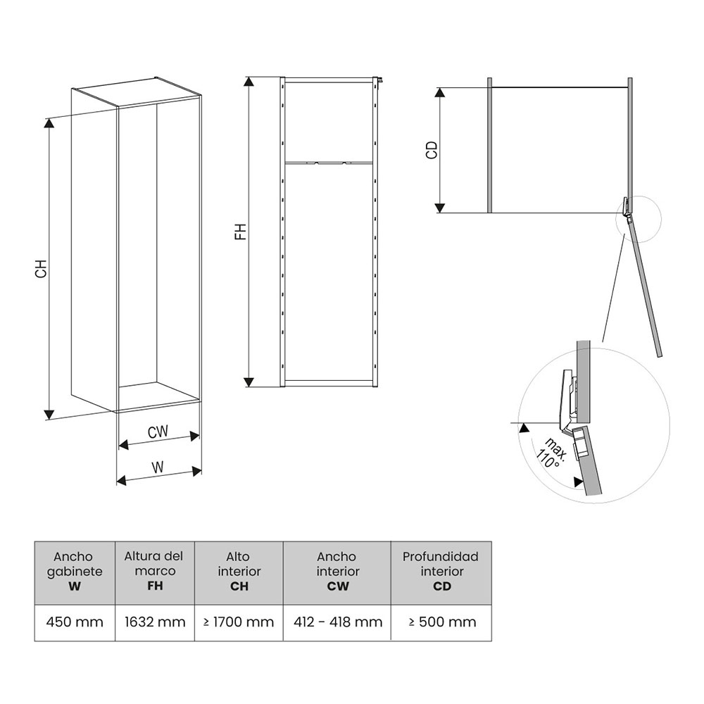Set TANDEM STYLE III de 450 mm, 6 niveles, 1700 mm de altura, con cierre suave, blanco brillante