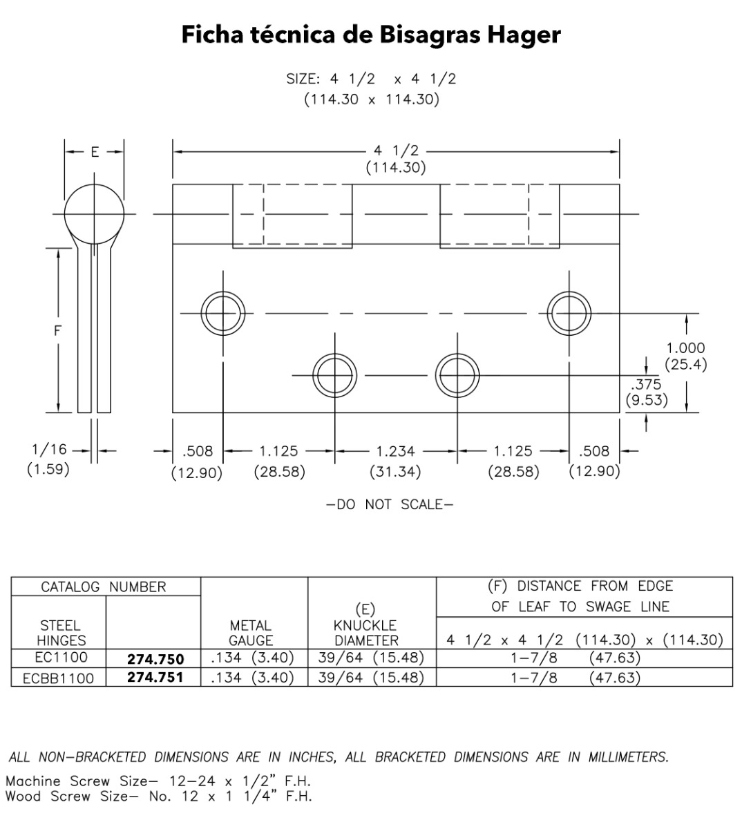 Bisagra plana de libro HAGER para puertas, 4.5 x 4.5 pulgadas, acabado satinado