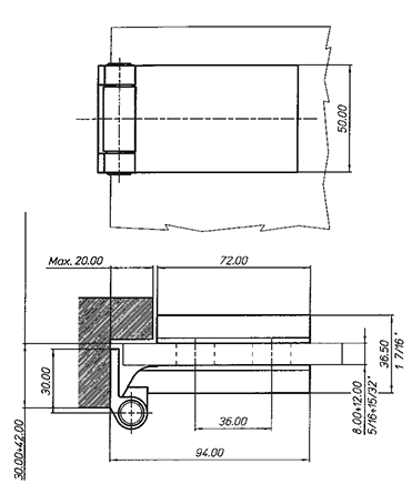 Bisagra GLISS para vidrio de 8-12mm, capacidad 55kg por par, cromo mate.