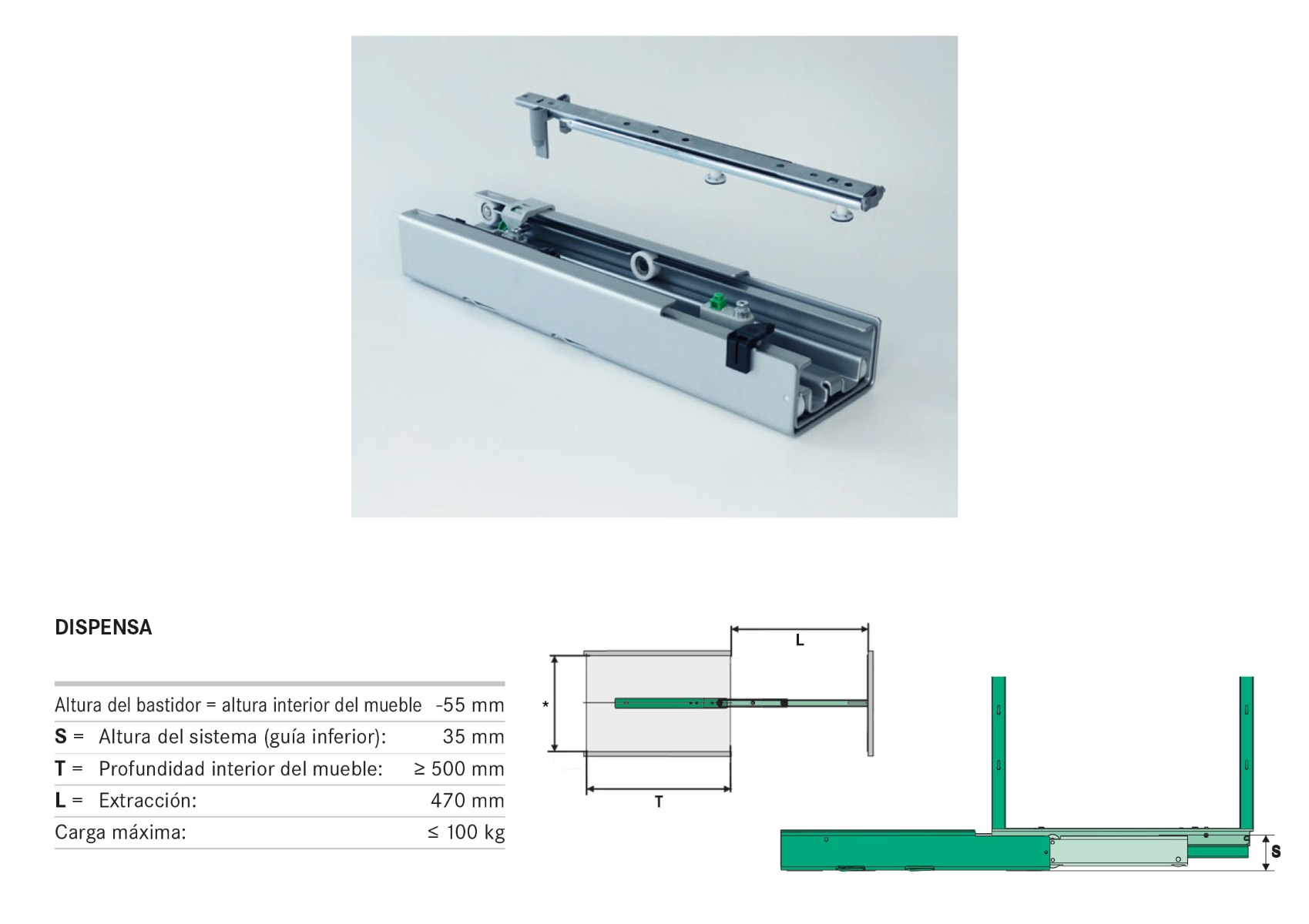 Corredera extensión total para DISPENSA, capacidad de carga 100 kg,  color plata