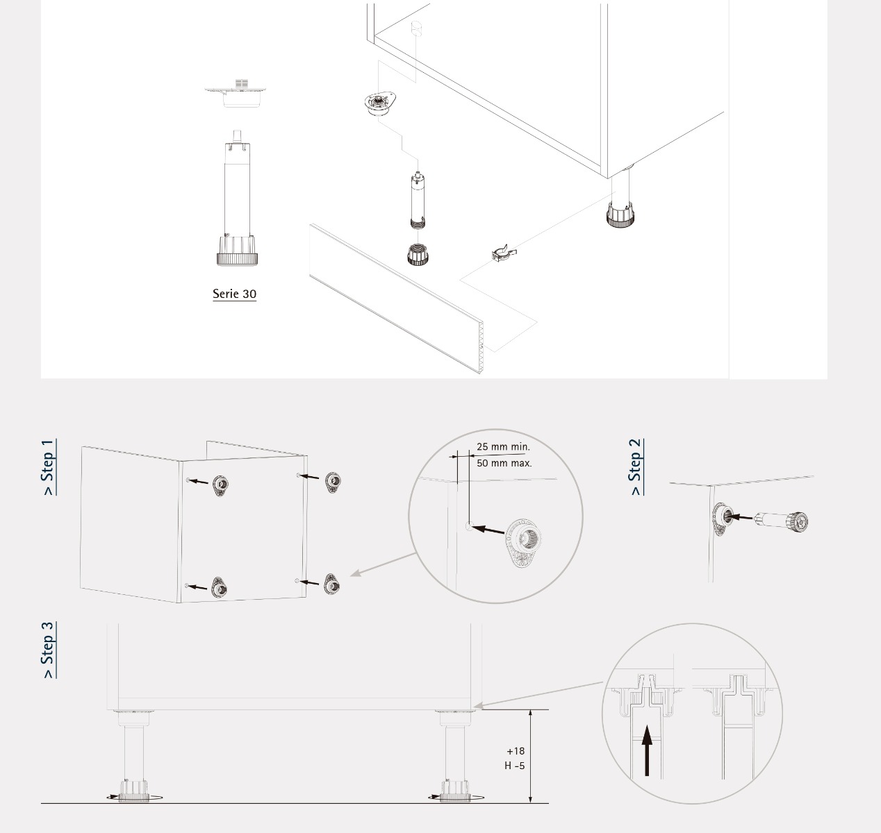 Pata plástica Mod. 30. altura 150 mm. regula +18/-5 mm.