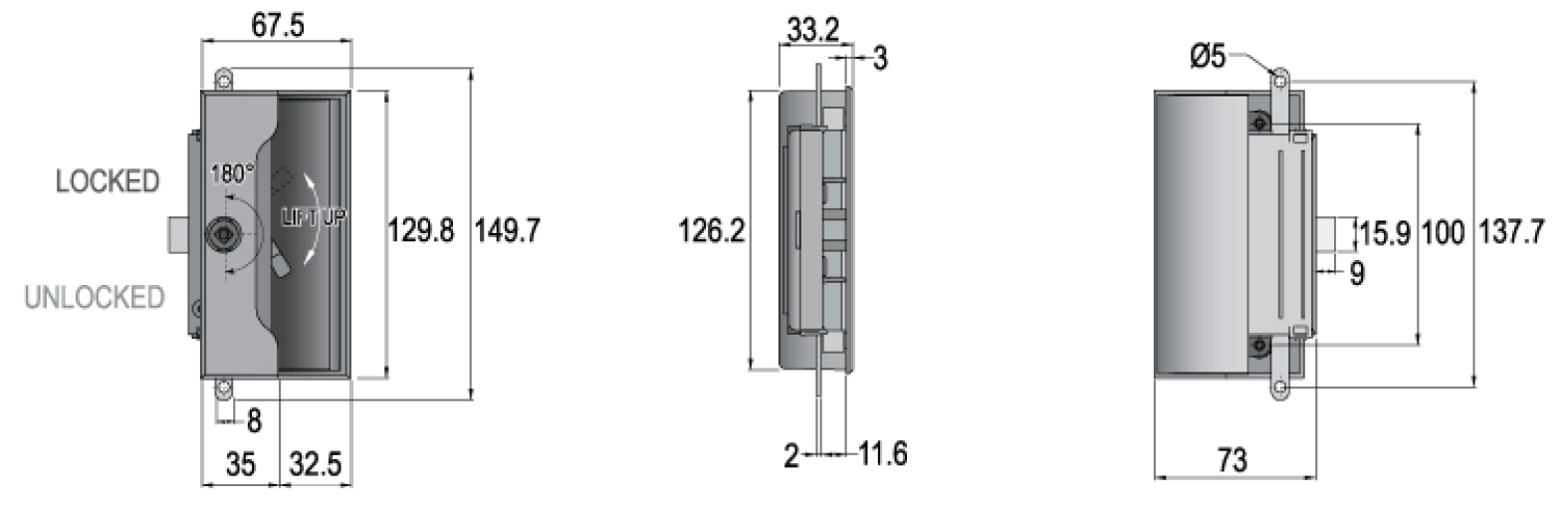Cerradura españoleta para mueble metálico, acabado NEGRO