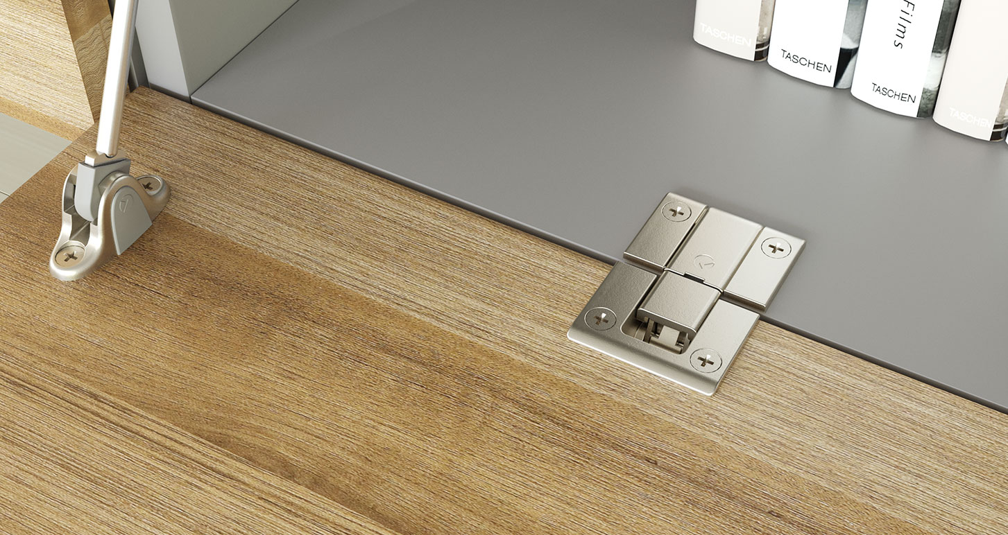 Bisagra KIMANA de 90º para puerta tipo secreter, acabado zinc niquelado