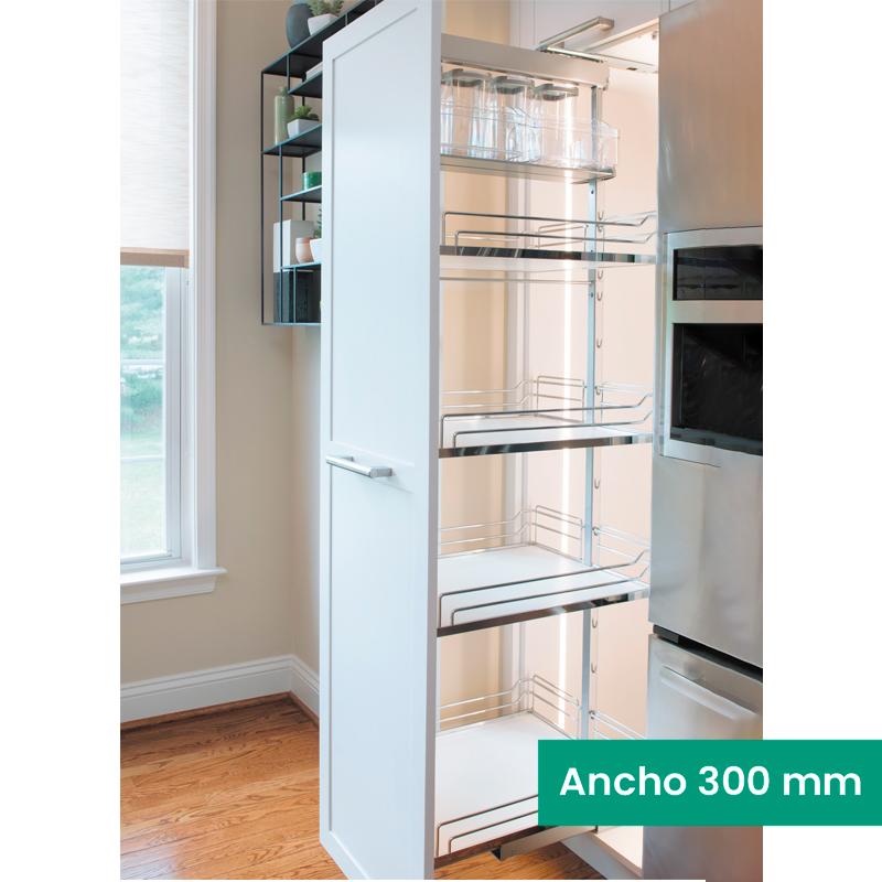 Kit 06 - Extraíble para cocina DISPENSA con 4 entrepaños CLASSIC, botes contenedores para mueble de 300 mm de ancho