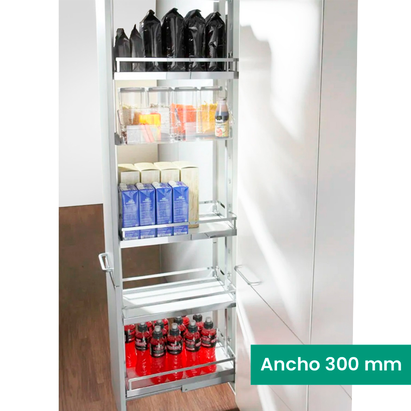 Kit 07 - Extraíble para cocina DISPENSA con 4 entrepaños STYLE, botes contenedores para mueble de 300 mm de ancho