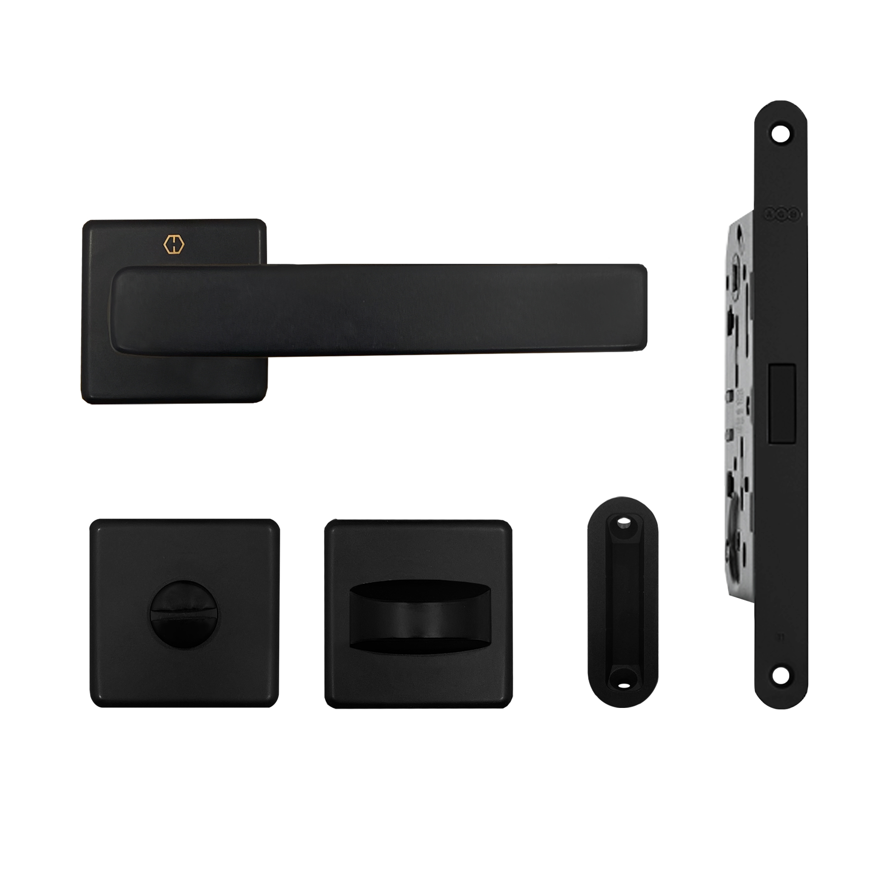 Set de manija DALLAS y cerradura POLARIS para puerta de baño, acabado negro mate