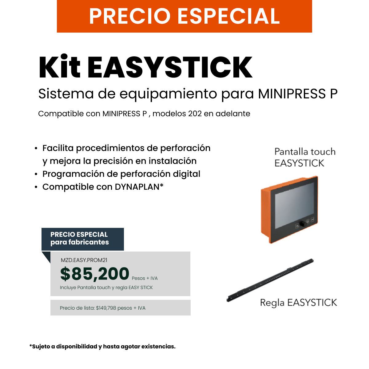 Máquina neumática MINIPRESS P, con complemento EASYSTICK, para instalación de bisagras