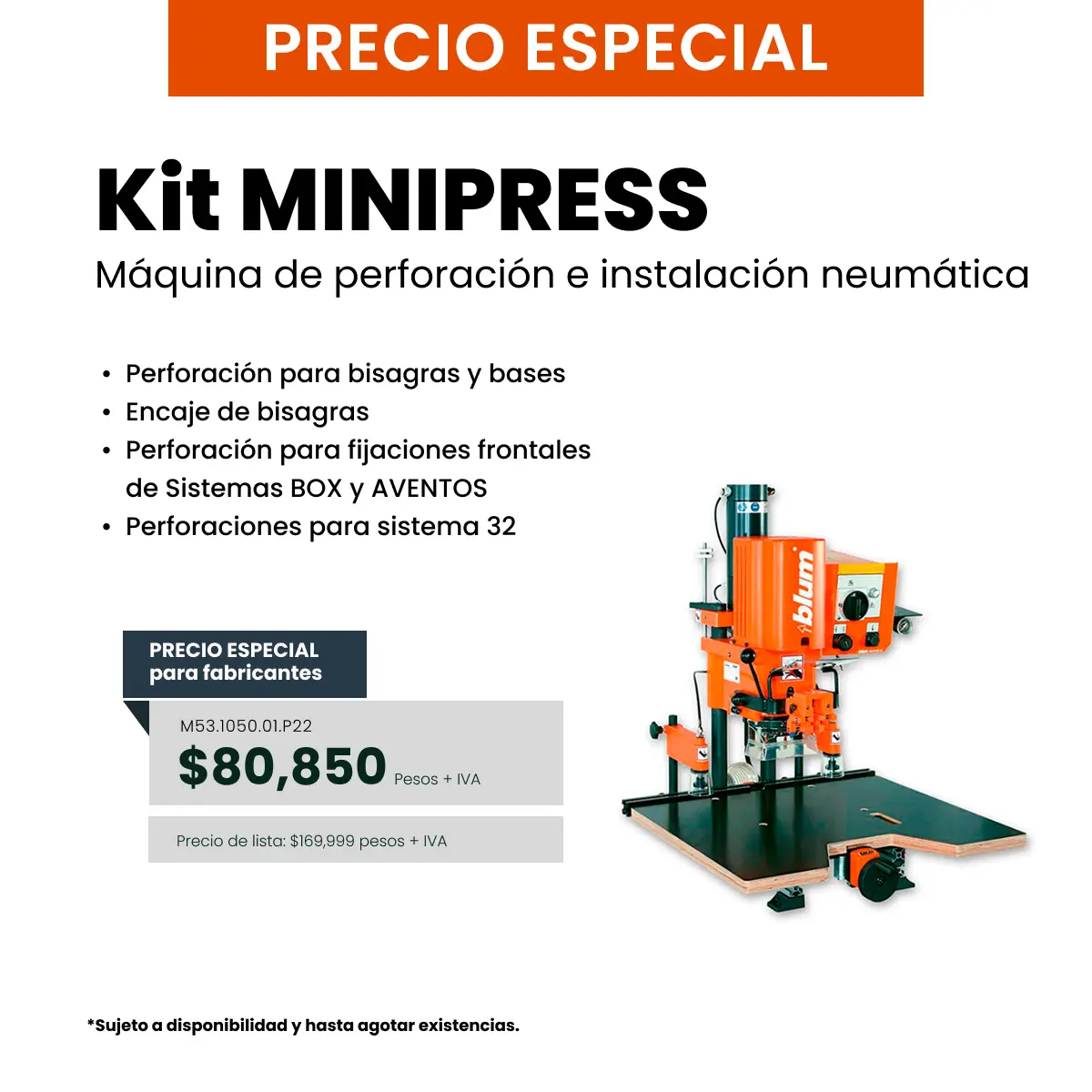 Máquina neumática MINIPRESS P, con complemento EASYSTICK, para instalación de bisagras